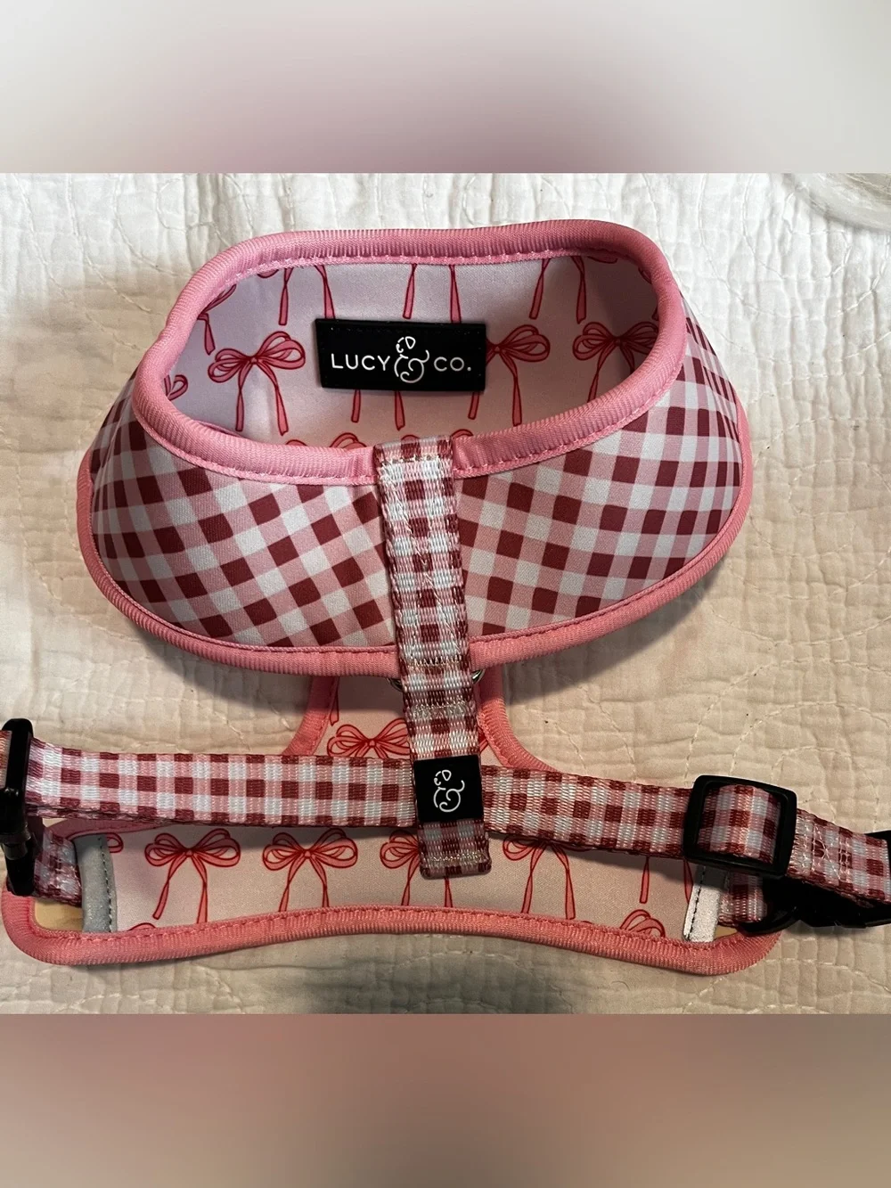 Lucy & Co. Pink Bow & Gingham Dog Harness - Cute Adjustable Small Breed Harness
